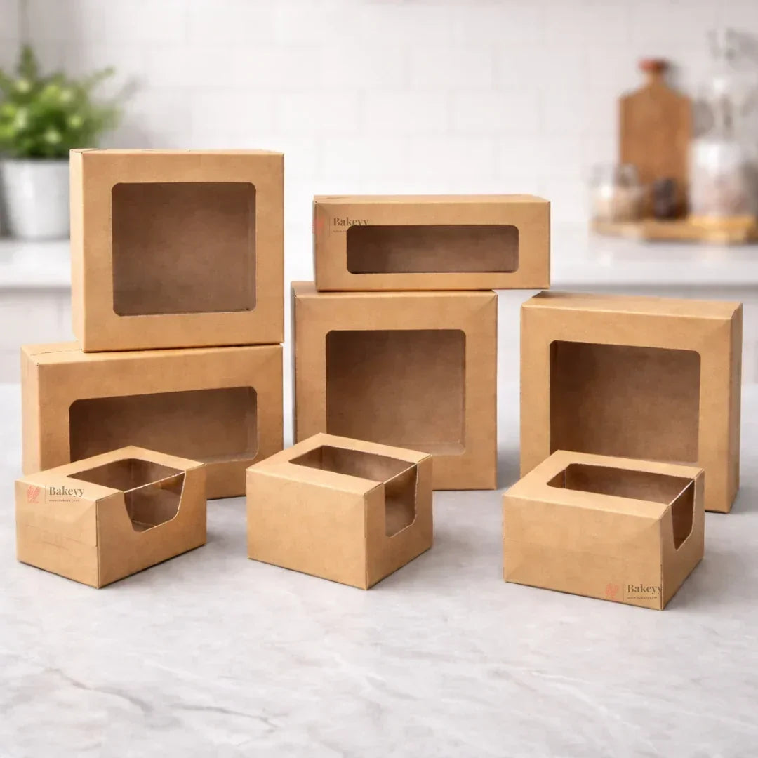 Kraft Brownie Boxes | L Shape and Top Window | Food-Grade Paperboard | Multiple Capacities Available - Bakeyy.com - India - Kraft Brownie Boxes | L Shape and Top Window | Food-Grade Paperboard | Multiple Capacities Available - Top Window / 1 Brownie 50.00