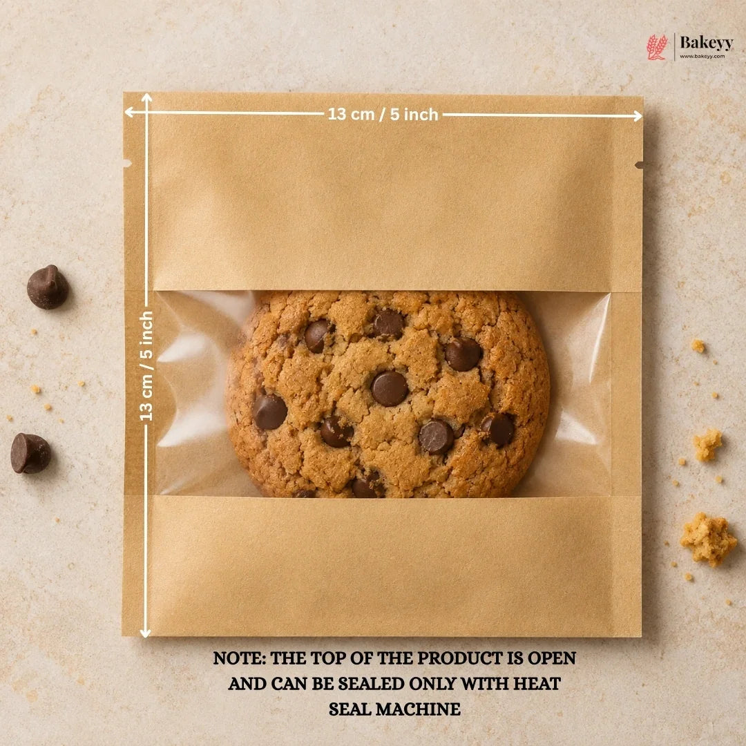 Bakeyv packaging of a chocolate chip cookie with dimensions and a note about sealing.