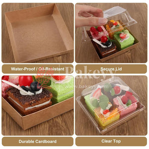 Collage of a cake display box with various cakes and text highlighting features.