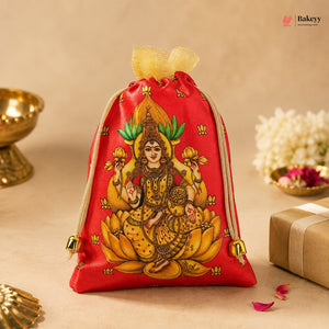 Lakshmi Print Drawstring Potli Gift Bag | Satin Finish with Organza Top | Pack of 10
