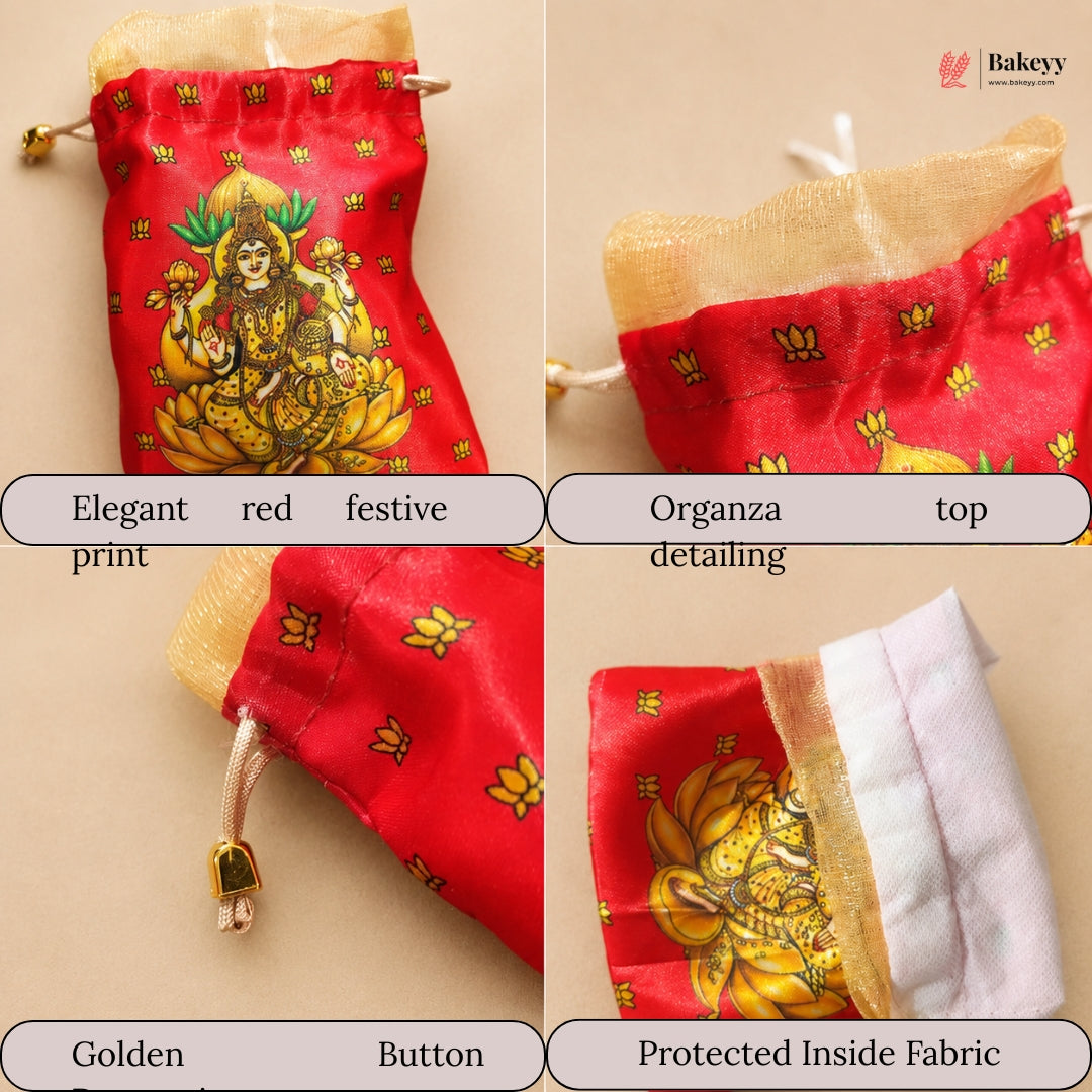 Lakshmi Print Drawstring Potli Gift Bag | Satin Finish with Organza Top | Pack of 10