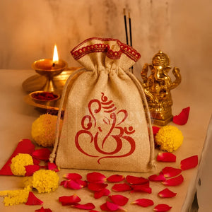 15x20 CM | Lord Ganesh Printed Jute Potli Bag | Return Gift Bags | Drawstring Pouches | Eco-Friendly Gifting - Pack of 50