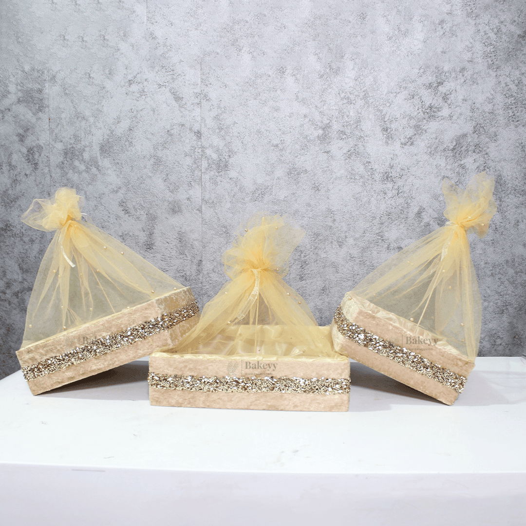 Chid Velvet Gold Hamper | Deluxe Square Gifting & Décor Basket | Diwali Return Gift Tray With Net - Bakeyy.com - India - Chid Velvet Gold Hamper | Deluxe Square Gifting & Décor Basket | Diwali Return Gift Tray With Net - Small-8 Inch