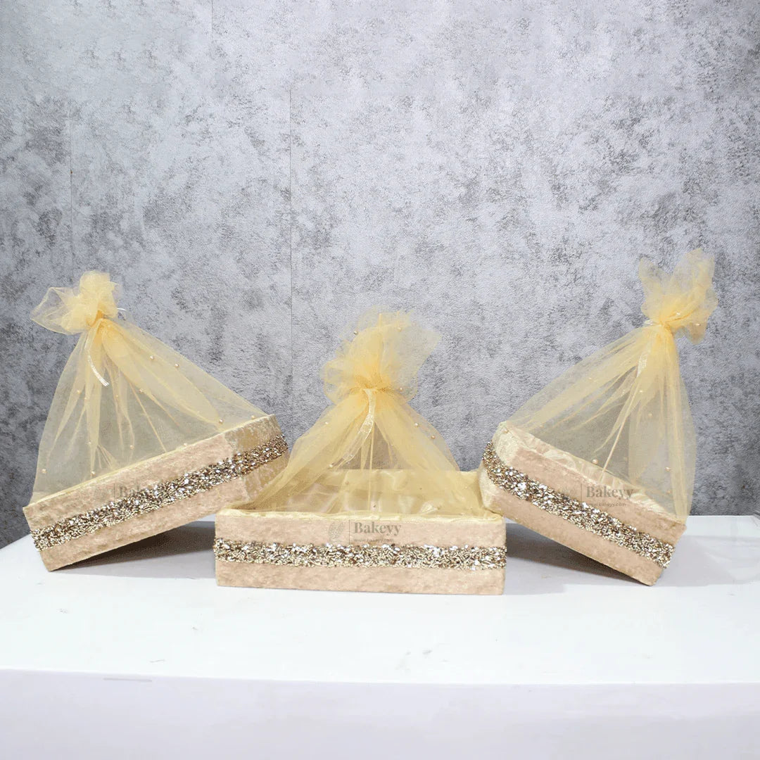 Chid Velvet Gold Hamper | Deluxe Square Gifting & Décor Basket | Diwali Return Gift Tray With Net - Bakeyy.com - India - Chid Velvet Gold Hamper | Deluxe Square Gifting & Décor Basket | Diwali Return Gift Tray With Net - Small-8 Inch