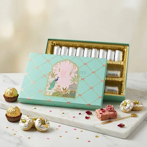 LuxuryMintGreenPeacockArchMithaiBoxwithGoldFoilLotusPattern3CavityLongSweetTray - Bakeyy.com