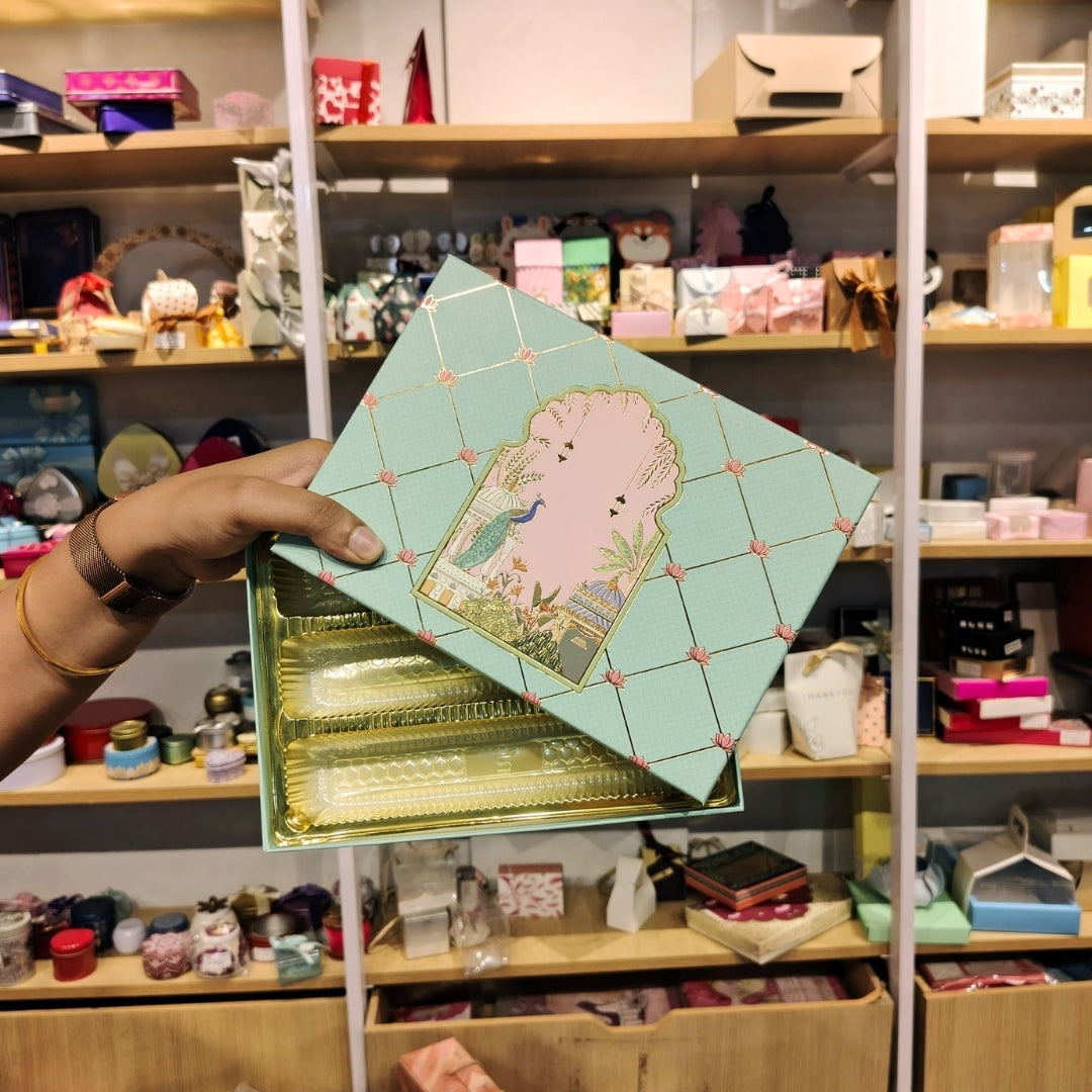 500 g | Luxury Mint Green Peacock Arch Mithai Box with Gold Foil | Lotus Pattern | 3 Cavity Long Tray | Pack of 1