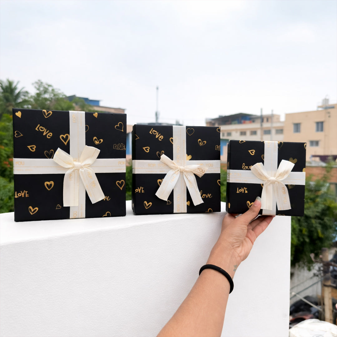 Premium Rigid Gift Box with Satin Ribbon | Black Love Print Hamper Box for Chocolates & Gifting | 3 Sizes Available | pack of 1