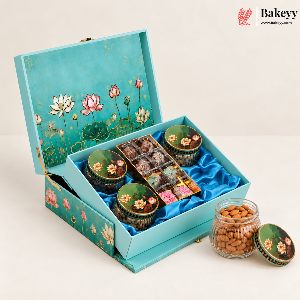 Lotus Printed MDF Hamper Box with 4 Glass Jars | With & Without Chocolate Cavity | Pack of 1