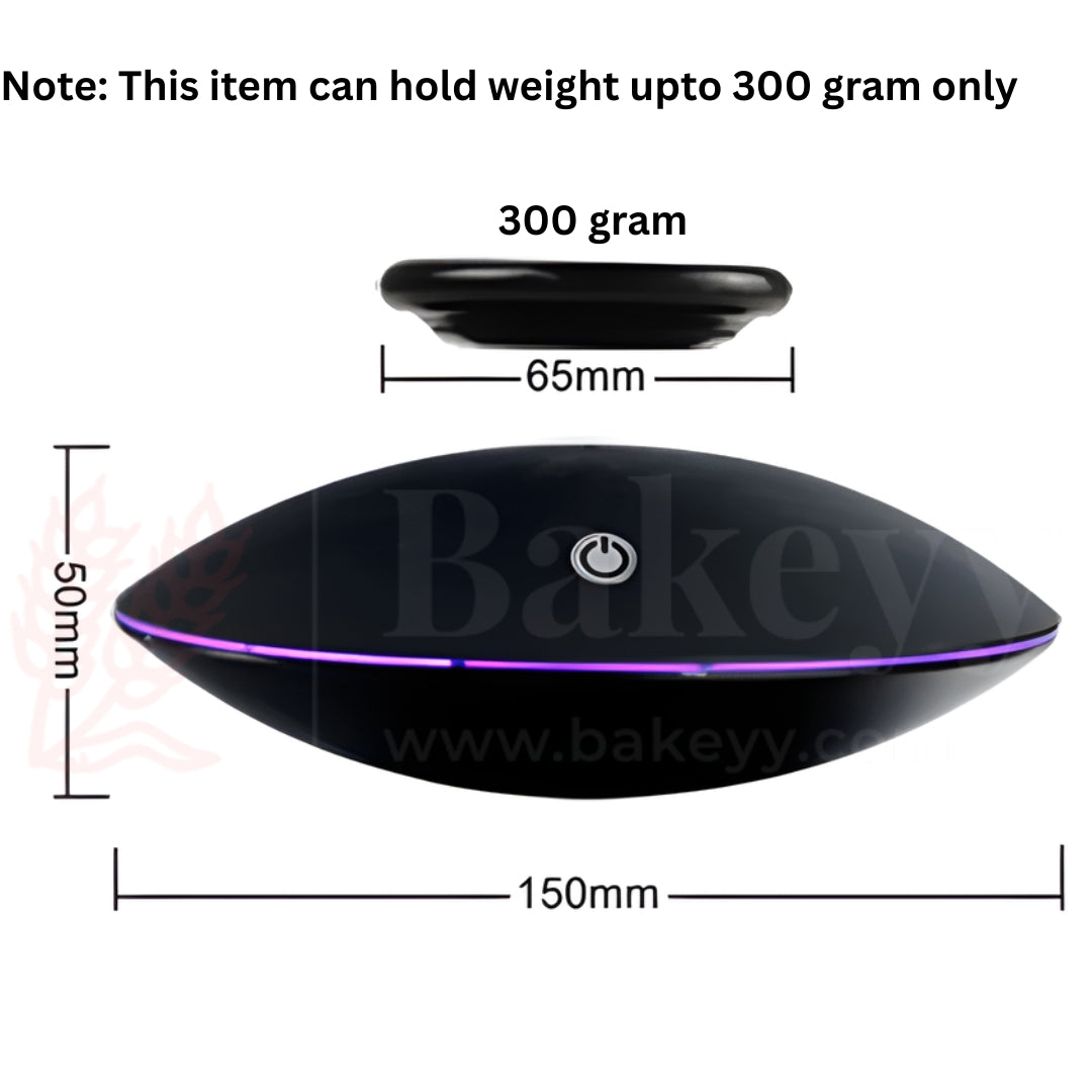Black levitating device with dimensions and weight capacity on a white background
