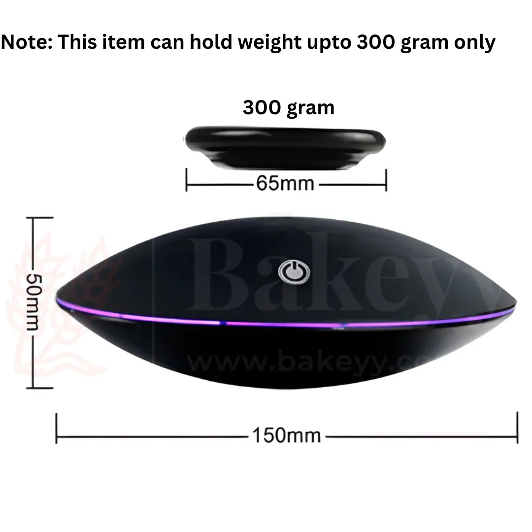 Black levitating device with dimensions and weight capacity on a white background