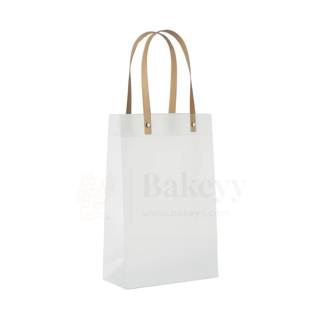 18.5x8x25cm | Frosted Matte Gift Bag with Wood-Textured Handles | Translucent PVC Party Favor & Retail Packaging | Pack Of 12 - Bakeyy.com - India - 18.5x8x25cm | Frosted Matte Gift Bag with Wood-Textured Handles | Translucent PVC Party Favor & Retail Packaging | Pack Of 12 - Default Title