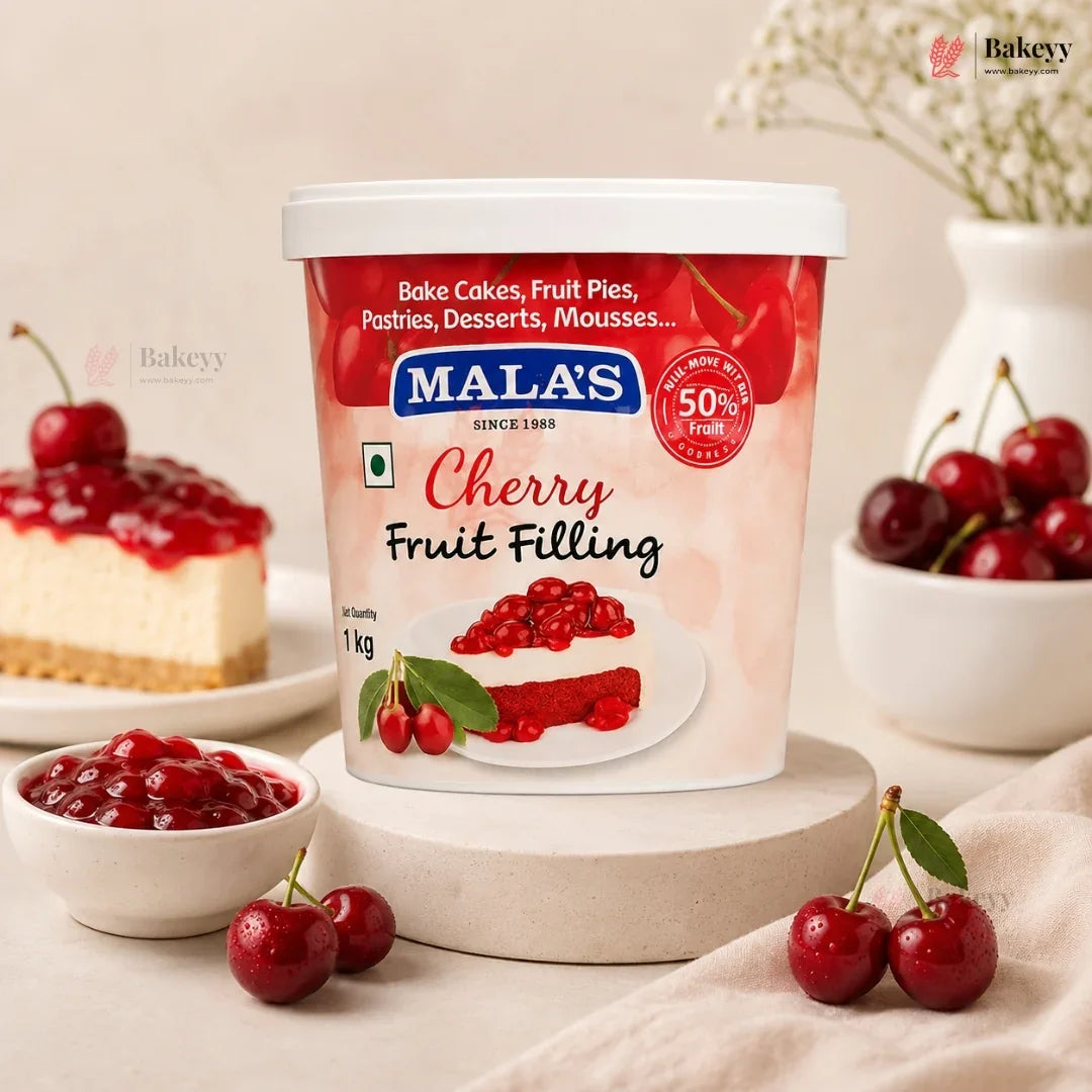 Mala’s Cherry Fruit Filling | 50% Real Fruit | Dessert & Bakery Use | 1 Kg | Pack of 1