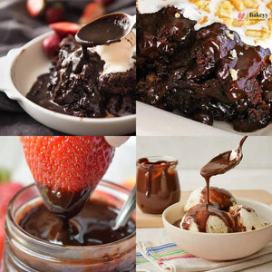 Collage of chocolate sauce being poured over desserts and a strawberry.