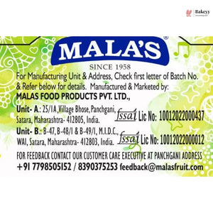 Malas food products label with contact information and branding details.