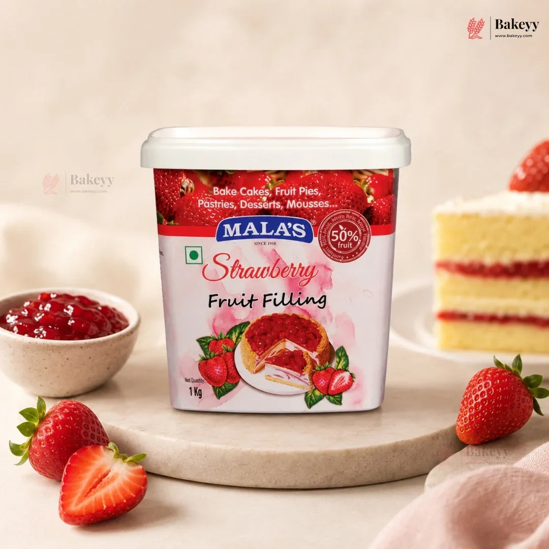 Mala’s Strawberry Fruit Filling | Ready-to-Use Bakery Ingredient | 1 Kg | Pack of 1