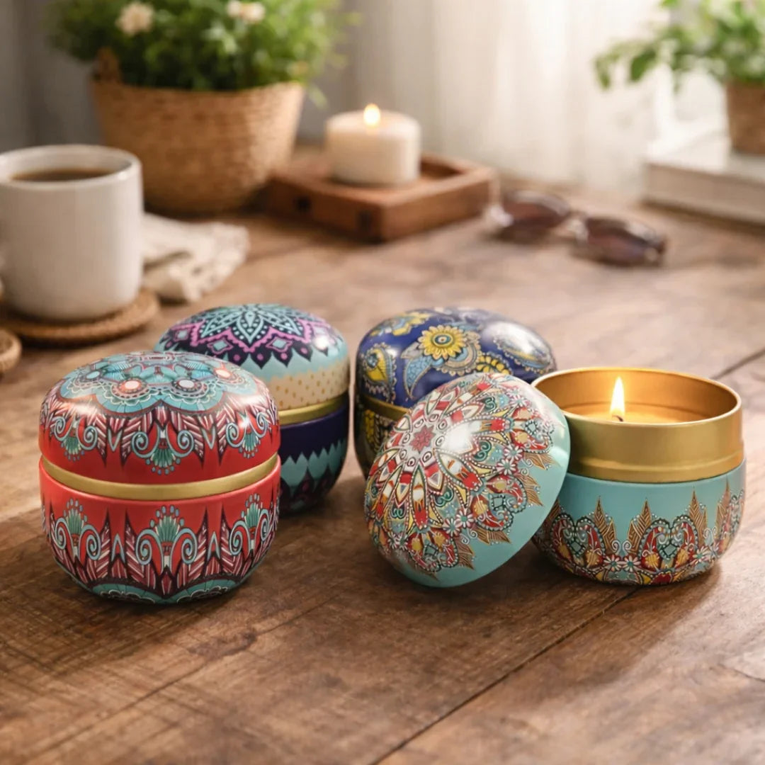 Mandala Theme Candle Tin Box | Decorative Storage Tin | Random Design | Pack of 1