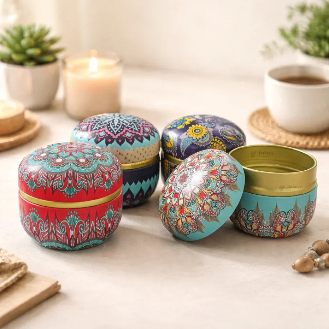 Mandala Theme Candle Tin Box | Decorative Storage Tin | Random Design | Pack of 1