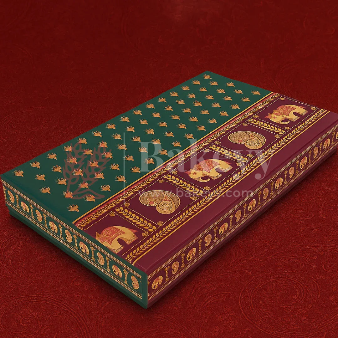 One Kg Sweet Box | 12.5x7.5x1.5 Inch | Maroon and Green Sweet and Chocolate box with Golden tray | Elephant and Peacock motifs | 1 Piece