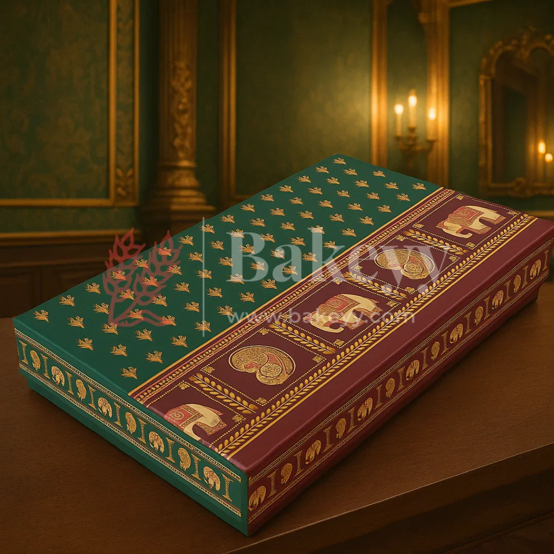 One Kg Sweet Box | 12.5x7.5x1.5 Inch | Maroon and Green Sweet and Chocolate box with Golden tray | Elephant and Peacock motifs | 1 Piece