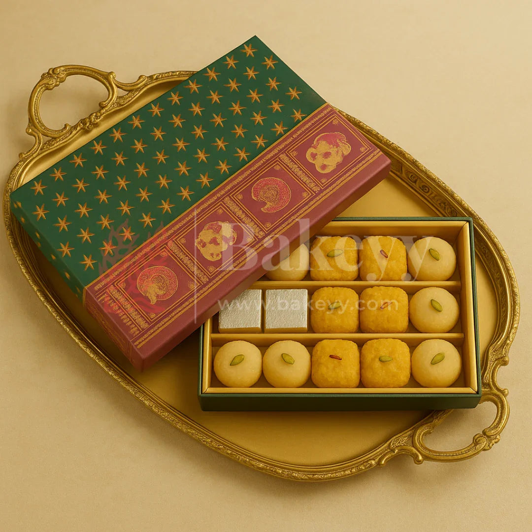 One Kg Sweet Box | 12.5x7.5x1.5 Inch | Maroon and Green Sweet and Chocolate box with Golden tray | Elephant and Peacock motifs | 1 Piece