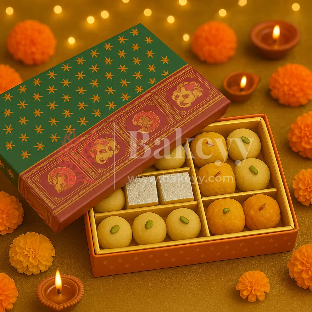 One Kg Sweet Box | 12.5x7.5x1.5 Inch | Maroon and Green Sweet and Chocolate box with Golden tray | Elephant and Peacock motifs | 1 Piece