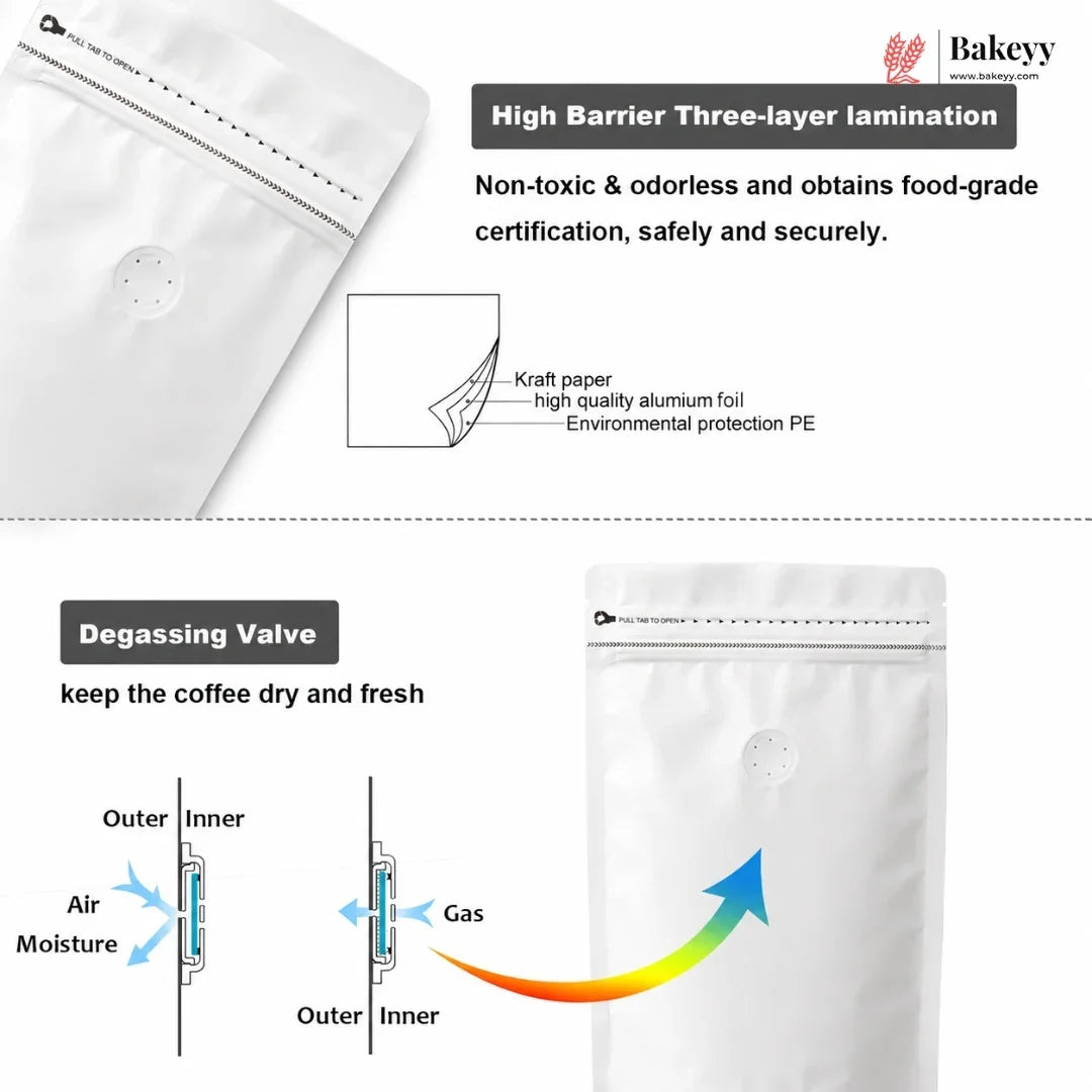 White Bakeey high barrier three-layer lamination coffee bags with a built-in degassing valve, shown with feature callouts and diagrams on a white background.