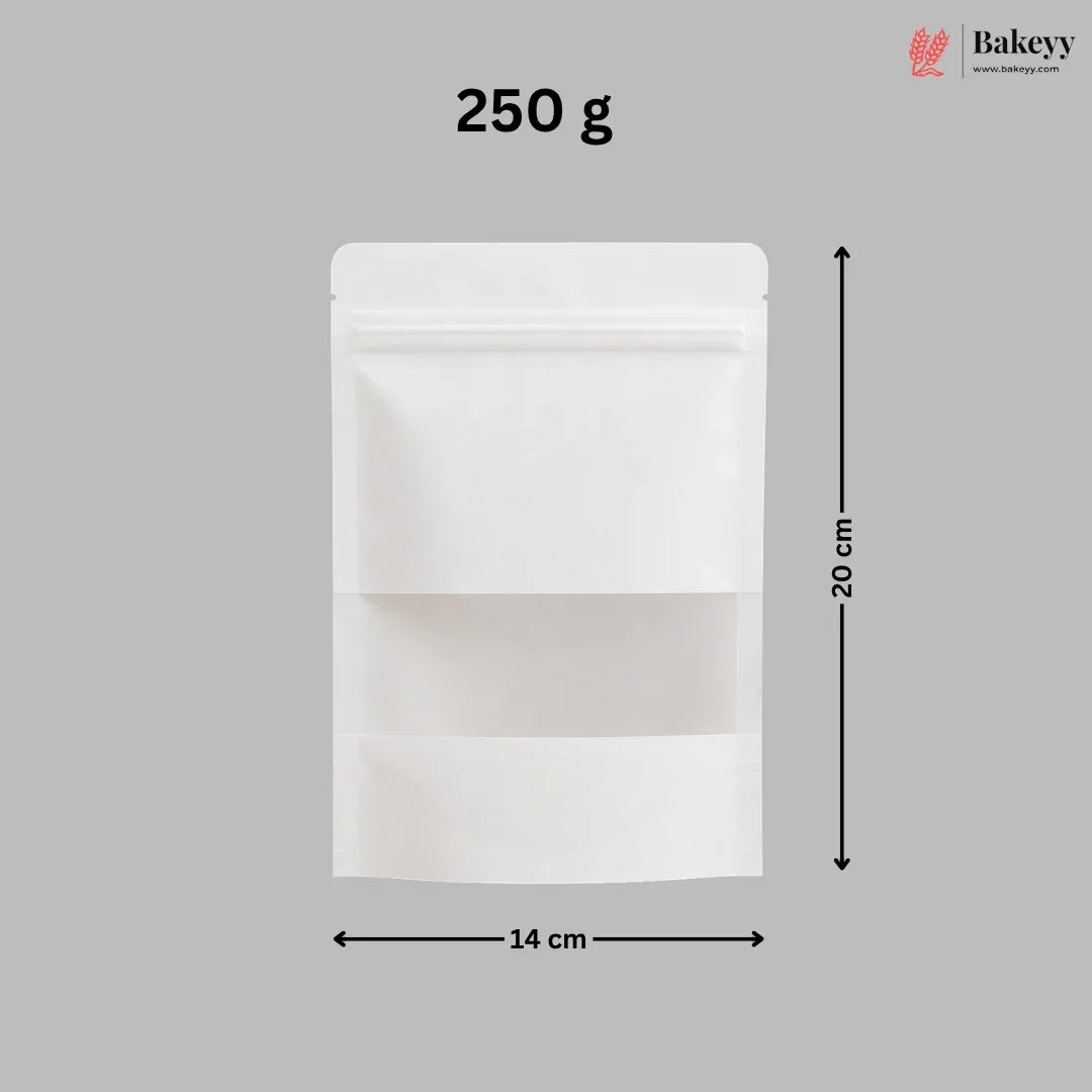 A white stand-up pouch packaging bag with a clear window, shown with dimension lines indicating 14 cm width, 20 cm height, and a 250 g weight, on a solid gray background with the Bakeyy logo in the top right.