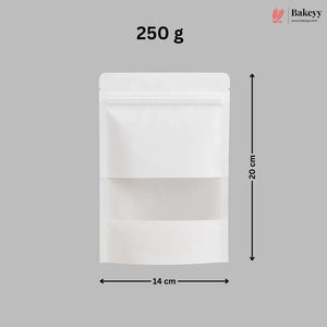 A white stand-up pouch packaging bag with a clear window, shown with dimension lines indicating 14 cm width, 20 cm height, and a 250 g weight, on a solid gray background with the Bakeyy logo in the top right.