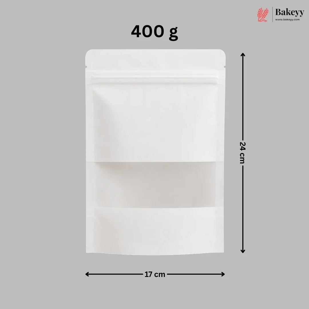 White stand-up pouch packaging shown on a gray background with dimension arrows and text indicating 400 g, 24 cm height, and 17 cm width. A Bakeey logo appears in the top right.