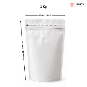 A white stand-up resealable pouch shown on a light gray background with dimension arrows and text indicating 18 cm / 7 inch width and 29 cm / 11 inch height. A Bakeey logo appears in the top right corner.