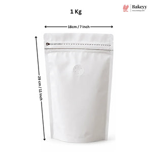 A white stand-up resealable pouch shown on a light gray background with dimension arrows and text indicating 18 cm / 7 inch width and 29 cm / 11 inch height. A Bakeey logo appears in the top right corner.