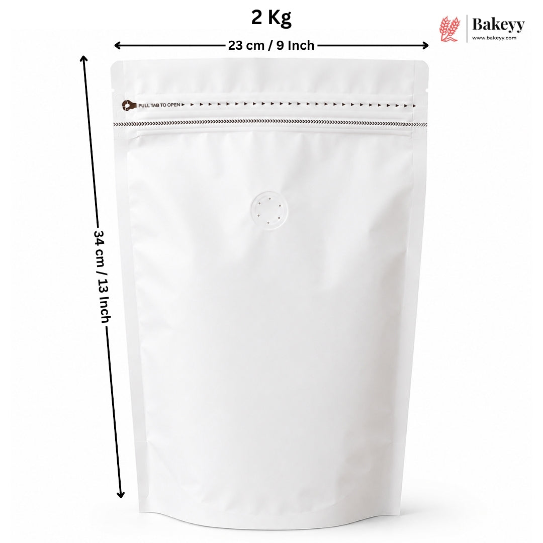 A white stand-up resealable pouch with a zipper and a small round vent hole, shown with dimension arrows indicating 23 cm width and 34 cm height, plus text reading 2 Kg and a Bakeey logo.