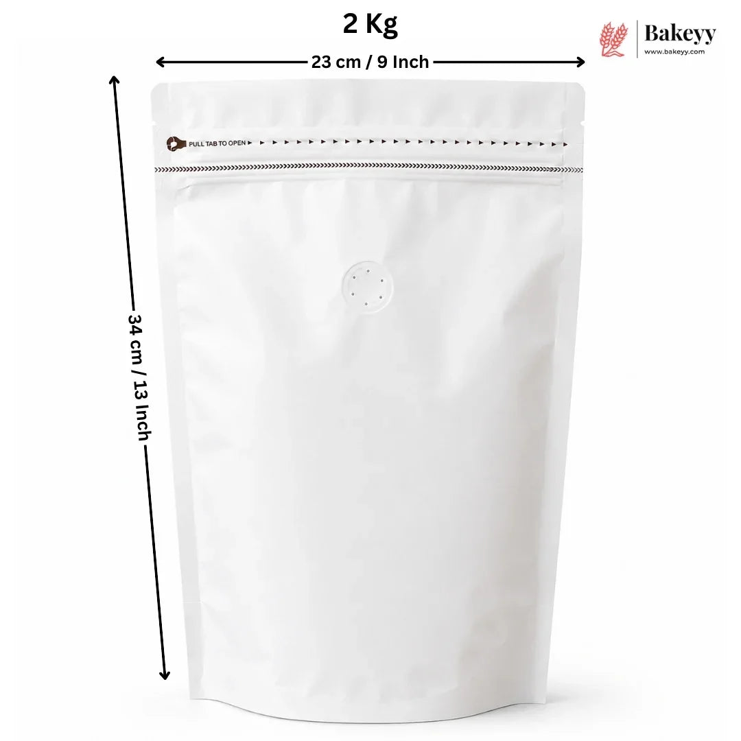 A white stand-up resealable pouch with a zipper and a small round vent hole, shown with dimension arrows indicating 23 cm width and 34 cm height, plus text reading 2 Kg and a Bakeey logo.