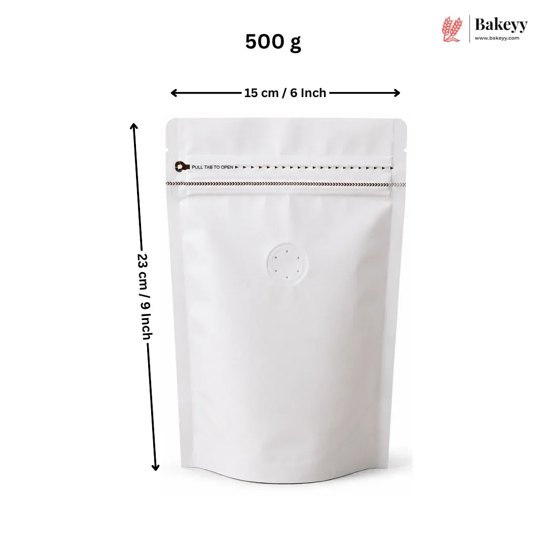 A white stand-up pouch package shown on a light gray background with measurement arrows and text indicating 500 g, 15 cm / 6 inch width, and 23 cm / 9 inch height. A Bakeey logo appears in the top right.