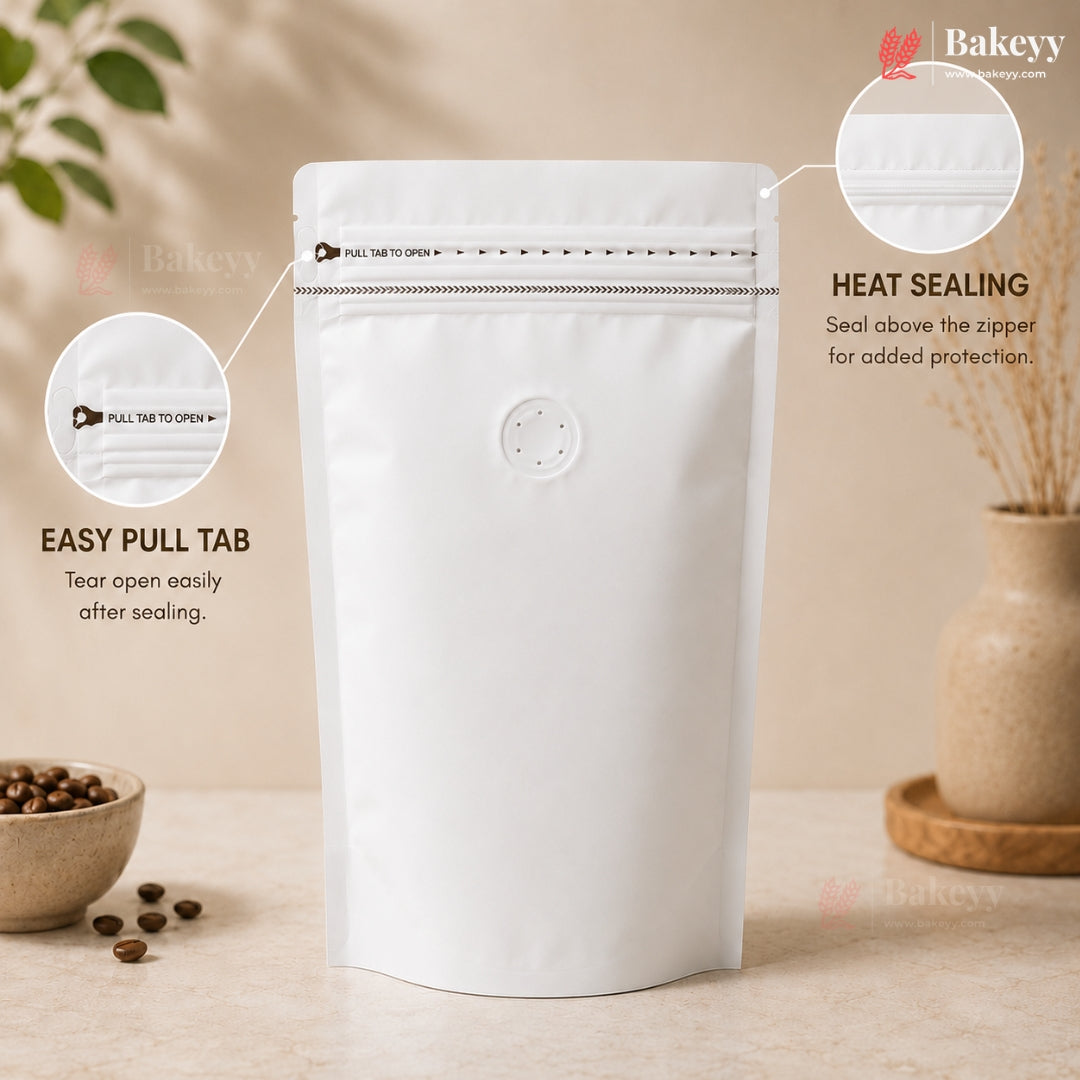 A white stand-up pouch packaging with a pull tab and heat-sealed zipper, shown on a beige tabletop with decorative props and callout circles explaining features. Bakeey branding is visible.