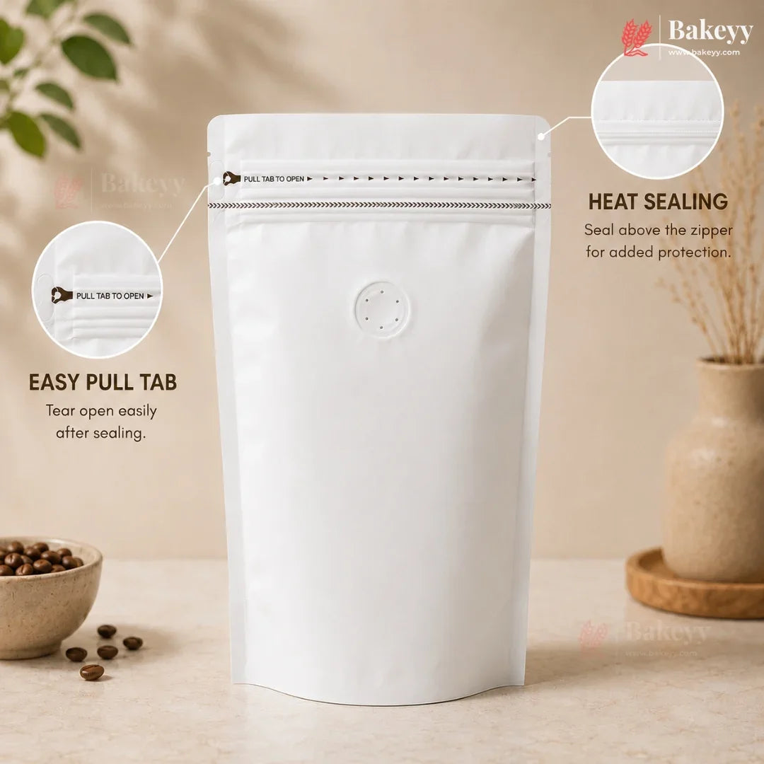 A white stand-up pouch packaging with a pull tab and heat-sealed zipper, shown on a beige tabletop with decorative props and callout circles explaining features. Bakeey branding is visible.