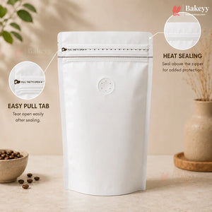 A white stand-up pouch packaging with a pull tab and heat-sealed zipper, shown on a beige tabletop with decorative props and callout circles explaining features. Bakeey branding is visible.