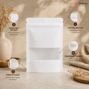 A white stand-up pouch packaging with a resealable zipper, heat sealable top, and transparent window, shown on a beige textured background with callout lines and text explaining its features. The Bakeey brand logo is visible in the top right corner.