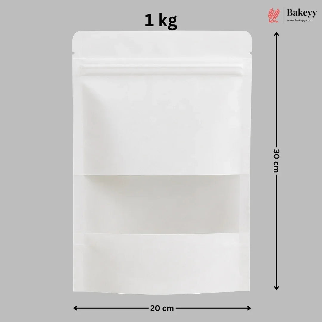 A white stand-up pouch packaging bag with a zipper closure and a clear window, shown with dimension markings of 30 cm height and 20 cm width on a gray background, with a Bakeyy logo in the top right.