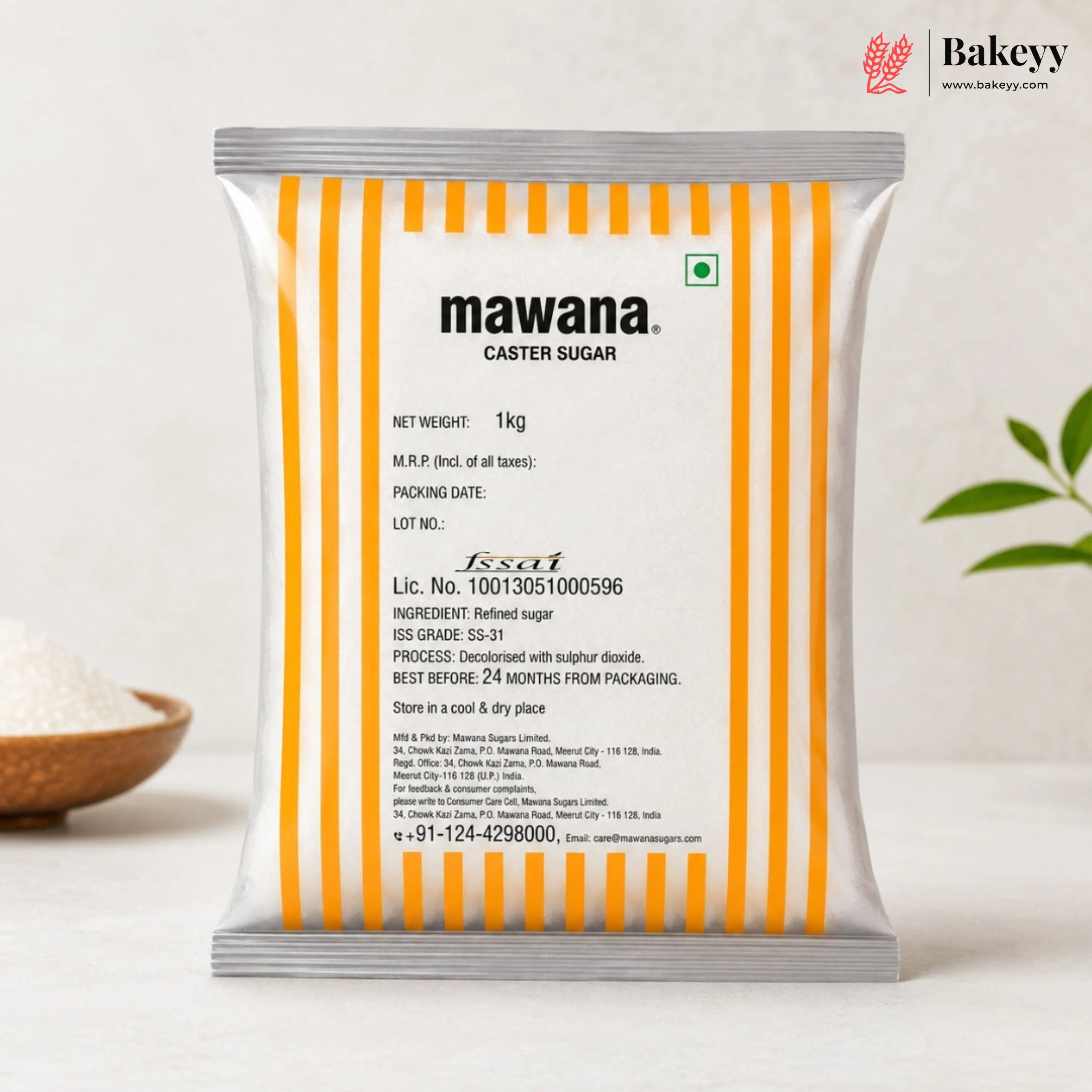 Mawana caster sugar package with yellow stripes on a white background