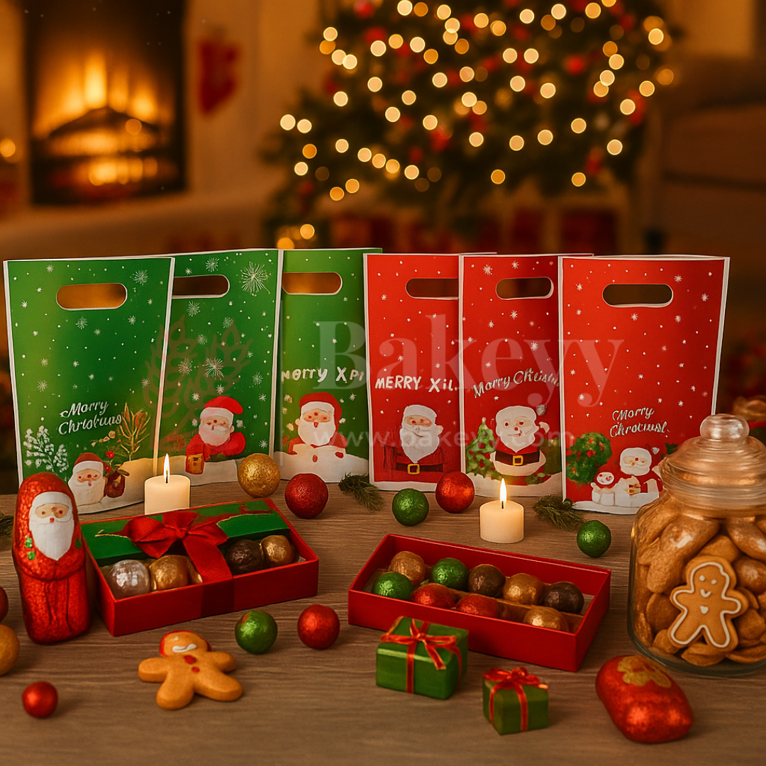 Christmas-themed gift boxes with Santa Claus design on a festive background with lights and cookies.
