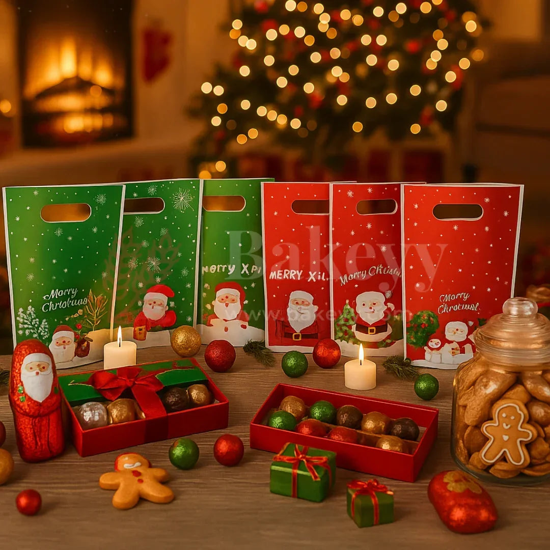 Christmas-themed gift boxes with Santa Claus design on a festive background with lights and cookies.