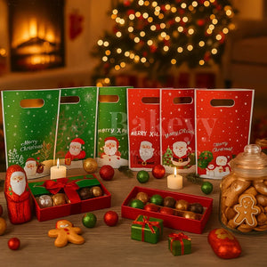 Christmas-themed gift boxes with Santa Claus design on a festive background with lights and cookies.