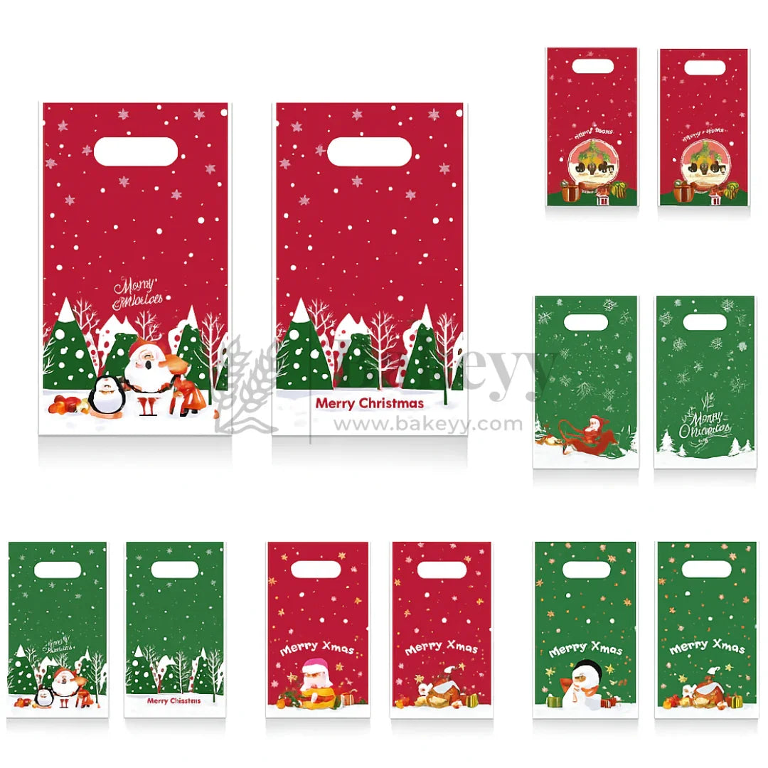Set of Christmas-themed gift bags with festive designs on a white background.