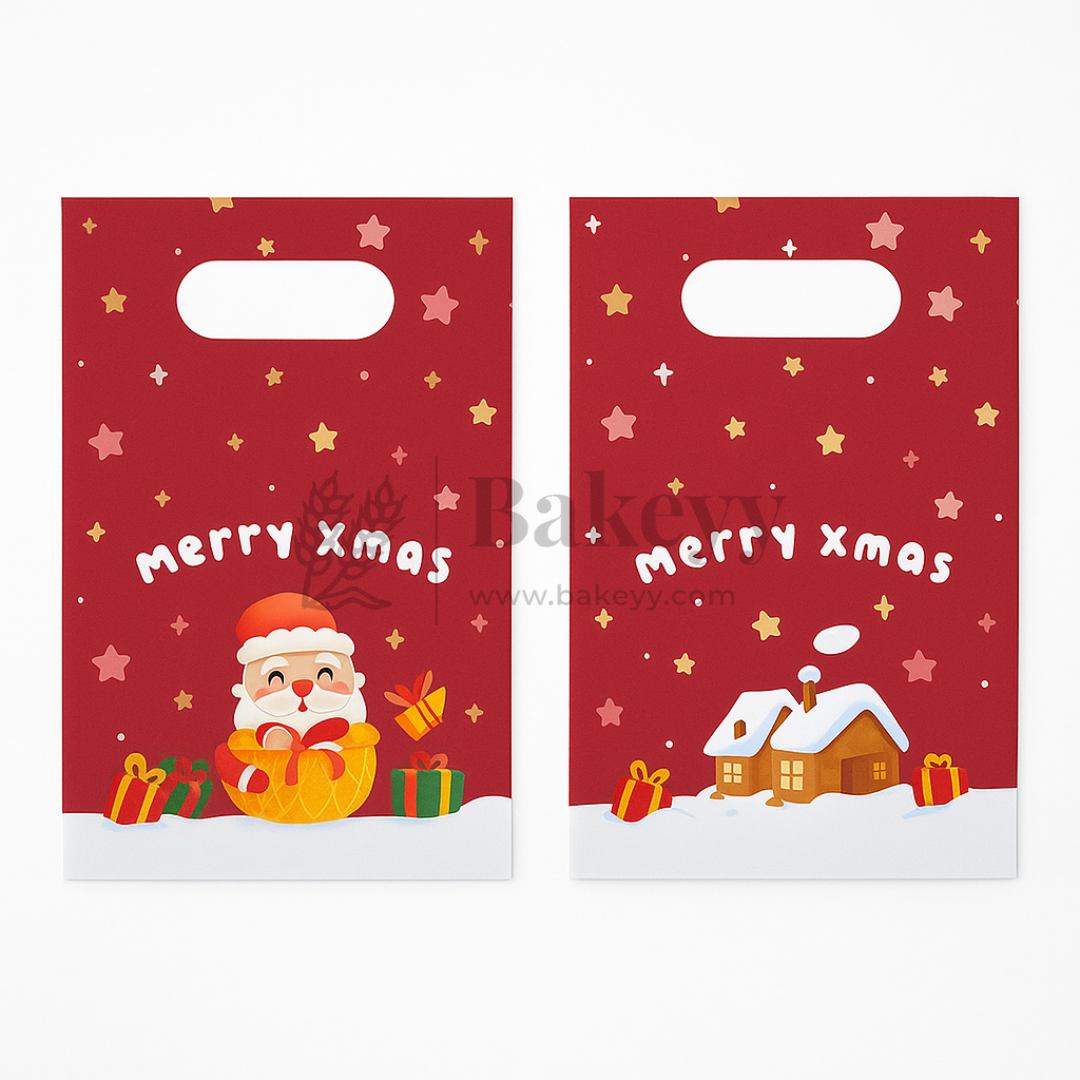 Two red Christmas-themed bags with Santa Claus and snow scenes, featuring 'merry xmas' text.