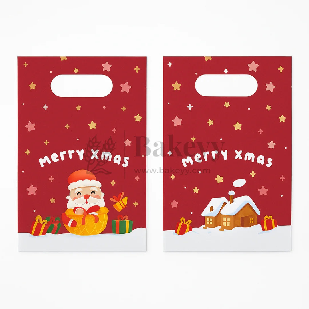 Two red Christmas-themed bags with Santa Claus and snow scenes, featuring 'merry xmas' text.