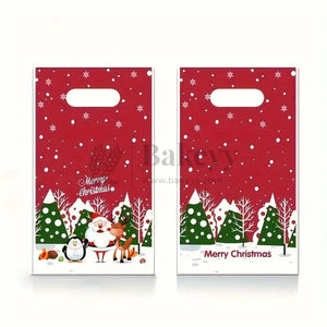 Two red Christmas gift bags with festive designs on a white background