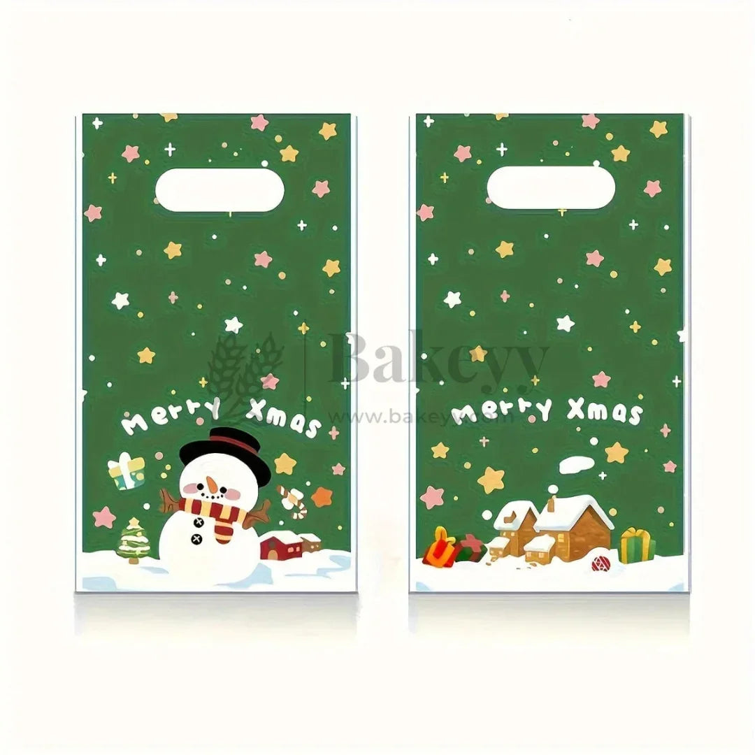 Two green Christmas-themed bags with a snowman and festive design on a white background.