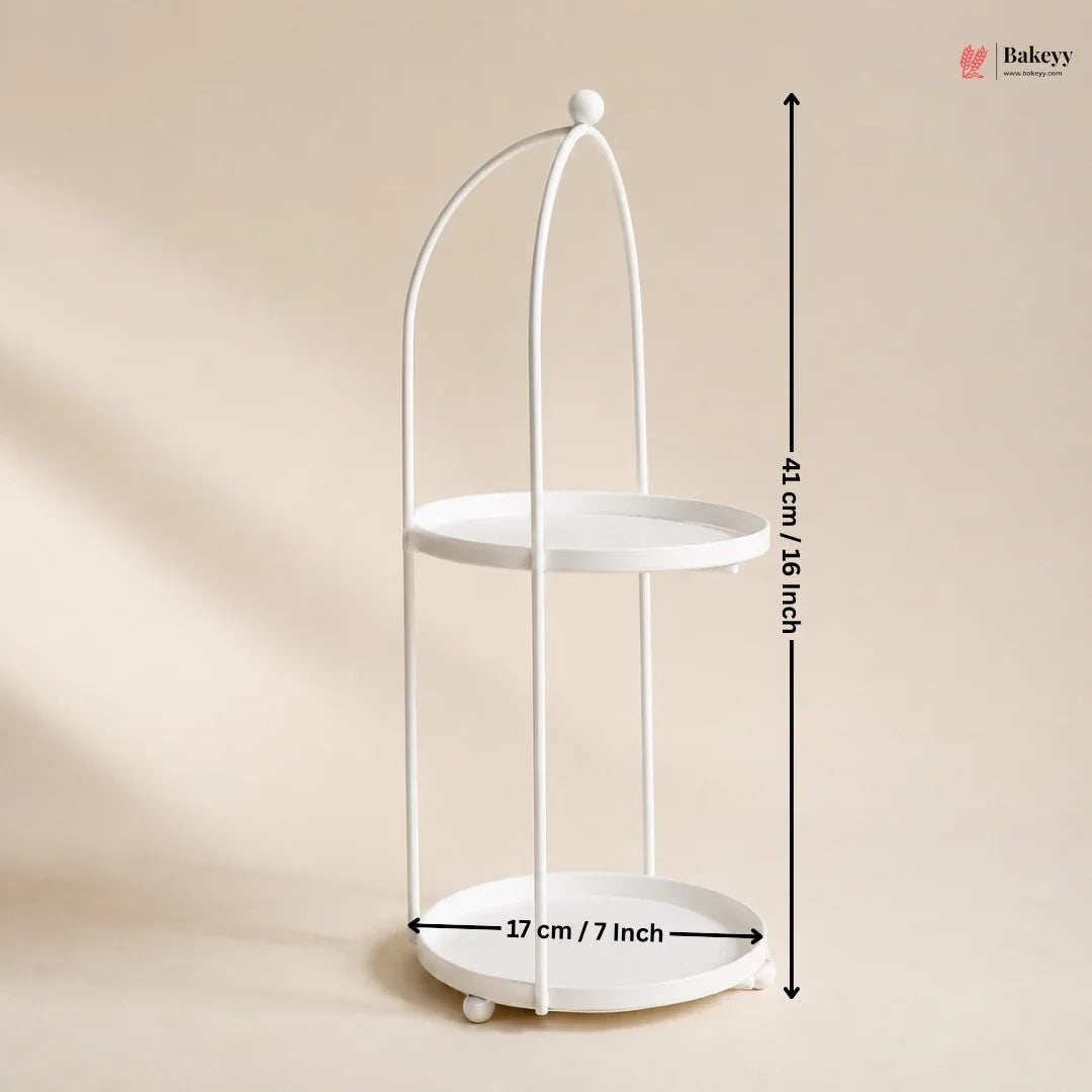 White metal stand with dimensions on a beige background