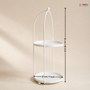 White metal stand with dimensions on a beige background